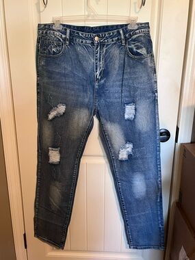 Men's Distressed Dark Blue Straight Jeans